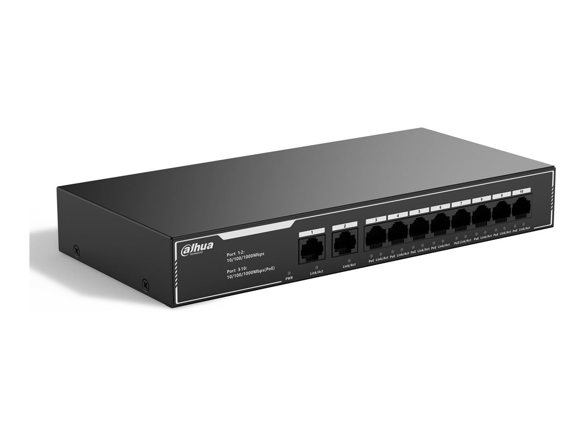 Dahua SG1010LP - Switch - Economy - Unmanaged - 8x 10/100/1000 (PoE) + 2x 10/100/1000 (Uplink) - Desktop - PoE (65W)
