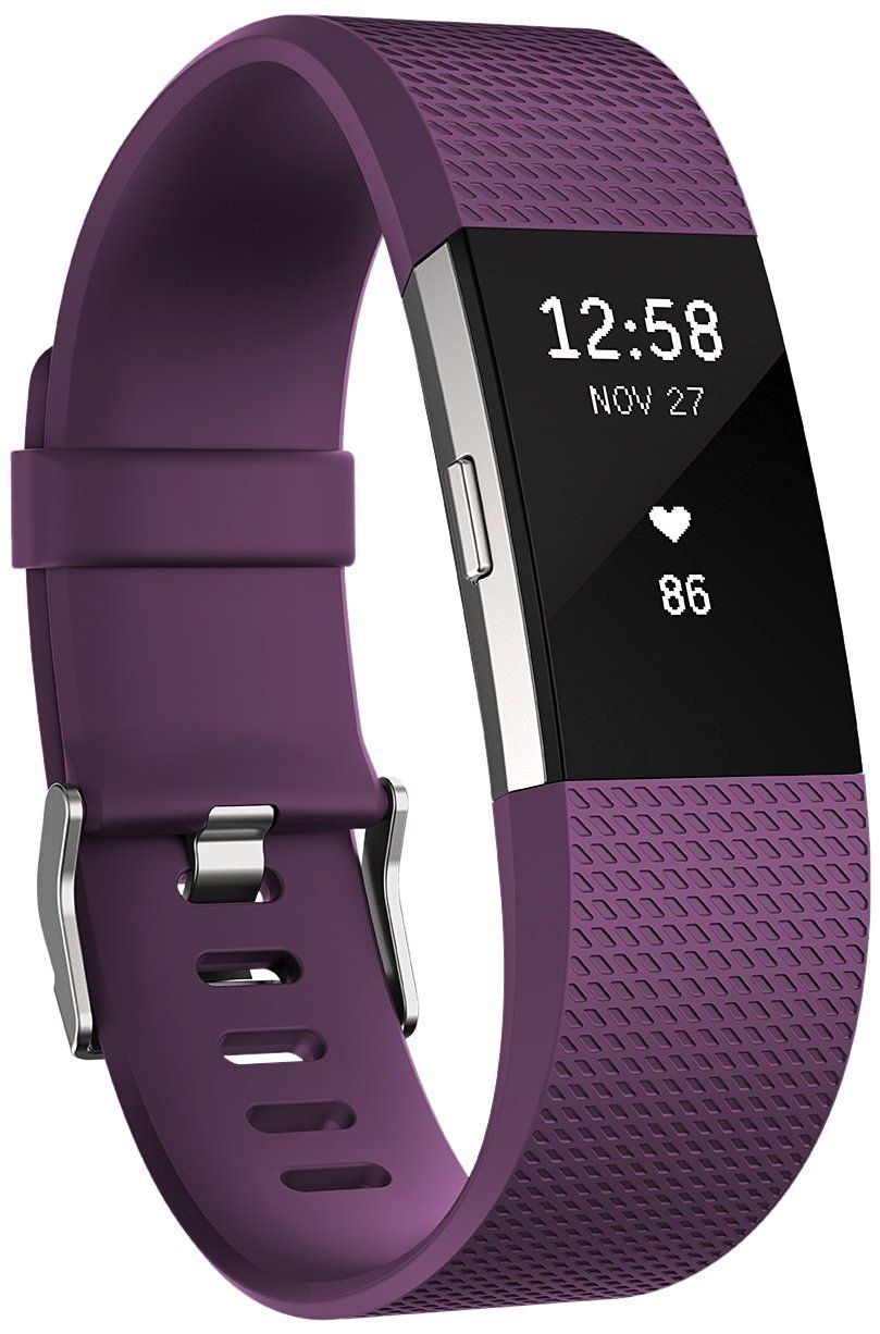 Fitbit Charge 2 - Silver - Activity Tracker with Wristband - Wine Red - Bracelet Size: L - Monochrome - Bluetooth - 35g