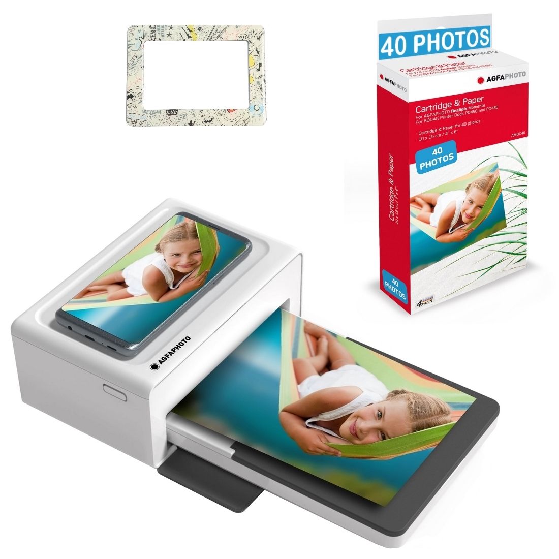 Agfaphoto Realipix Moments Printer + Cartridges and Paper - 40 Photos + Magnetic Frame - Bluetooth Photo Printing 10x15 cm, iOS & Android, 4Pass Thermal Sublimation - White