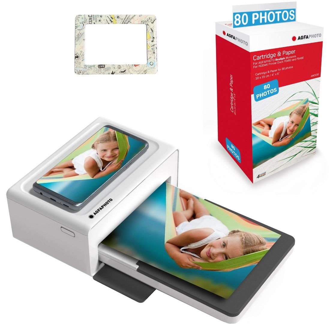 Agfaphoto Realipix Moments Printer + Cartridges and Paper - 80 Photos + Magnetic Frame - Bluetooth Photo Printing 10x15 cm, iOS & Android, 4-Pass Thermal Sublimation - White
