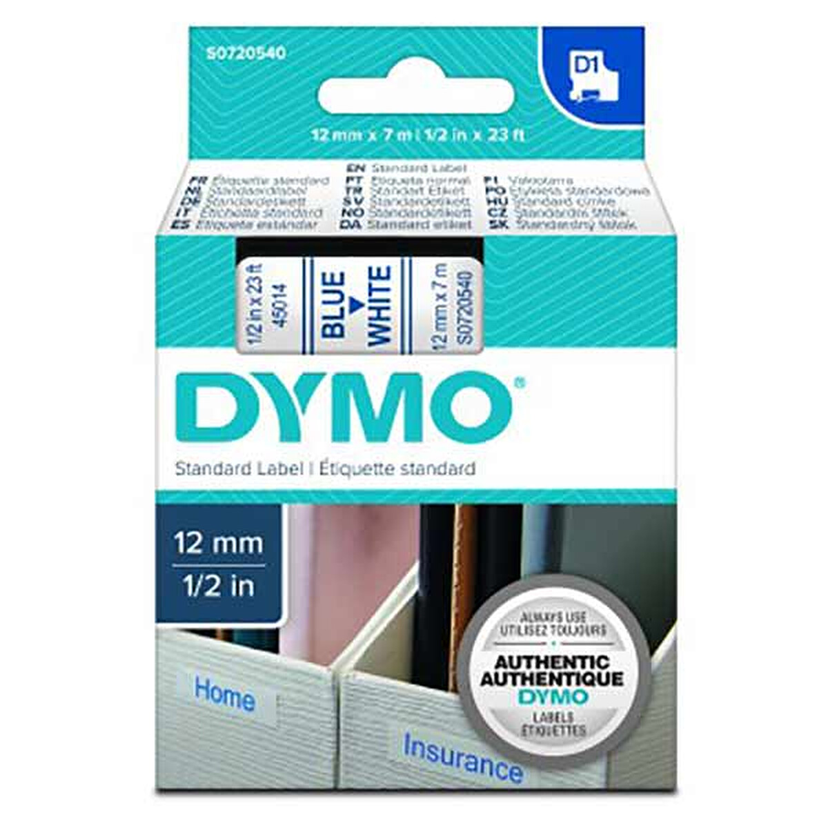 Cinta adhesiva Dymo D1 Estándar - Azul sobre Blanco, 12 mm x 7 m