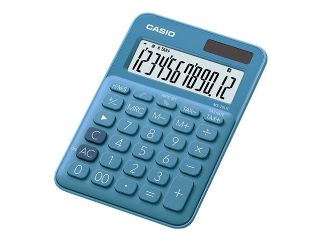Calculatrice de bureau Casio MS-20UC - Alimentée par panneau solaire et pile - 12 chiffres - Bleue