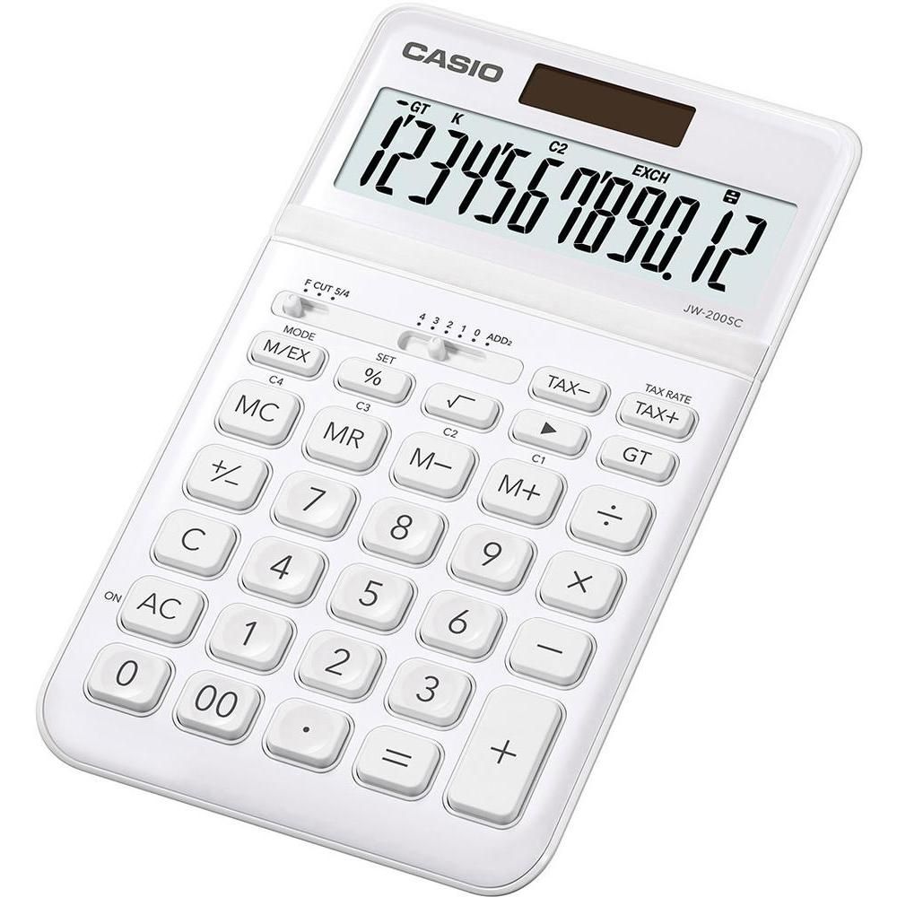 Casio JW-200SC Desk Calculator - 12-Digit Solar & Battery Powered - White