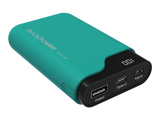 Ultron Realpower Pb-7500c Power Bank - 7500mAh - 27Wh - 2.1A - 2 Output Connectors (USB, 24-pin USB-C) - Cable: Micro-USB, USB-C - Green