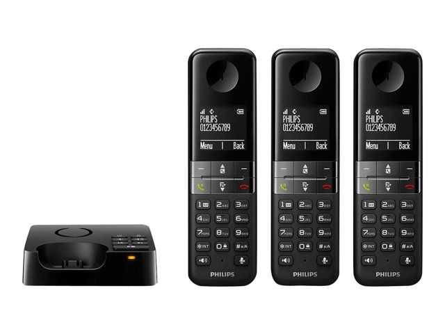 Philips D4553B - Wireless Phone - Answering Machine with Caller ID/Call Waiting - DECTGAP - 3-way Calling Capacity - Black + 2 Additional Handsets