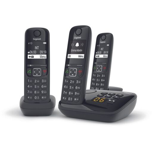 Gigaset AS690A Trio - Wireless Phone - Answering Machine System with Caller ID - Eco DECTGAP - Black + 2 Additional Handsets
