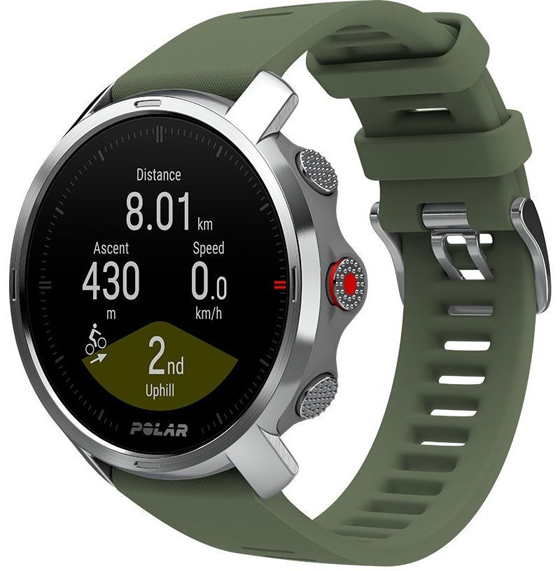 Polar Grit X - Silver - Sport Watch with Strap - Green - Bracelet Size: M/L - 1.2" Display - Bluetooth - 64g