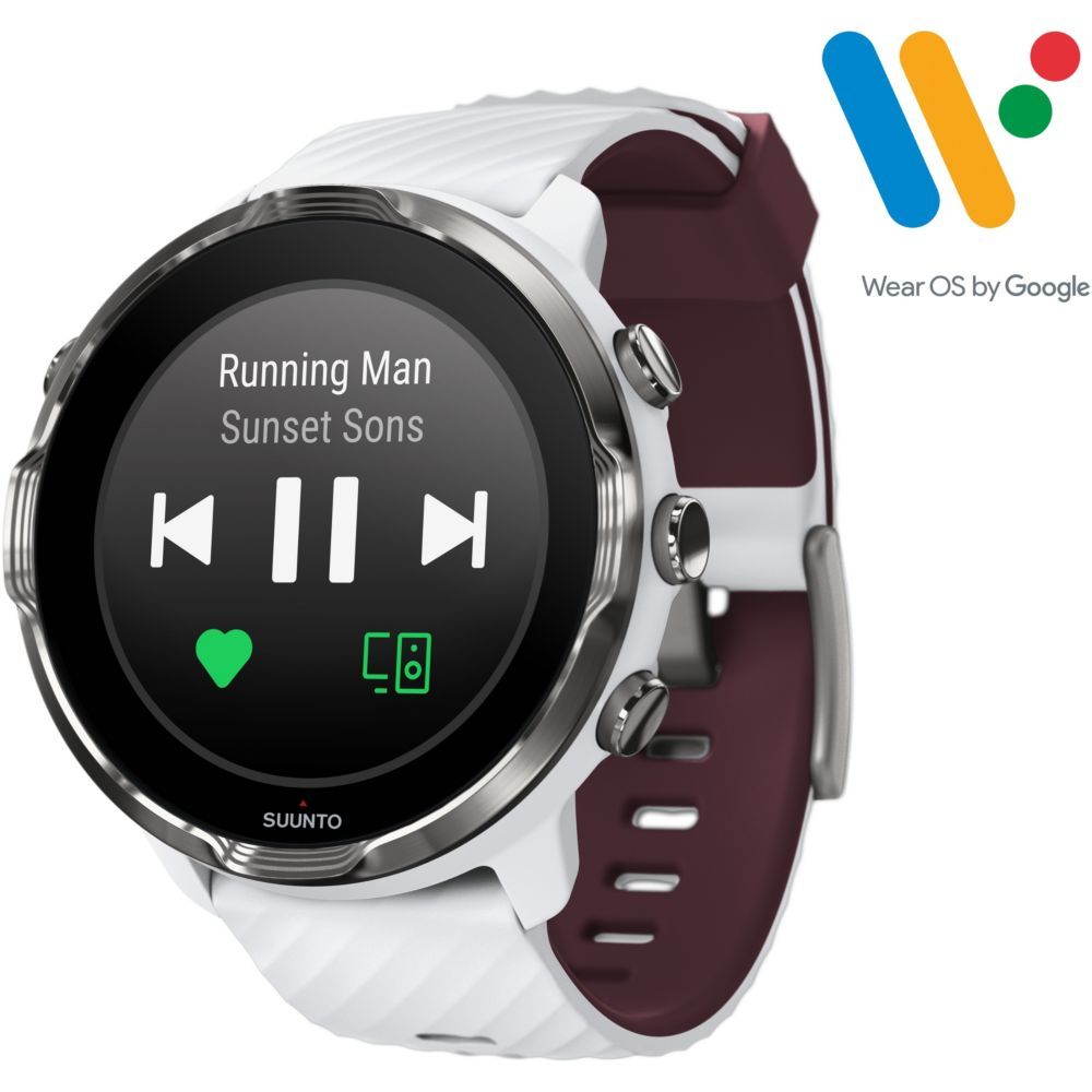 Suunto 7 Connected Watch - White - Sport Watch with Silicone Strap - Burgundy White - Wrist Size: 125-230 mm - Bluetooth, Wi-Fi, NFC - 70 g
