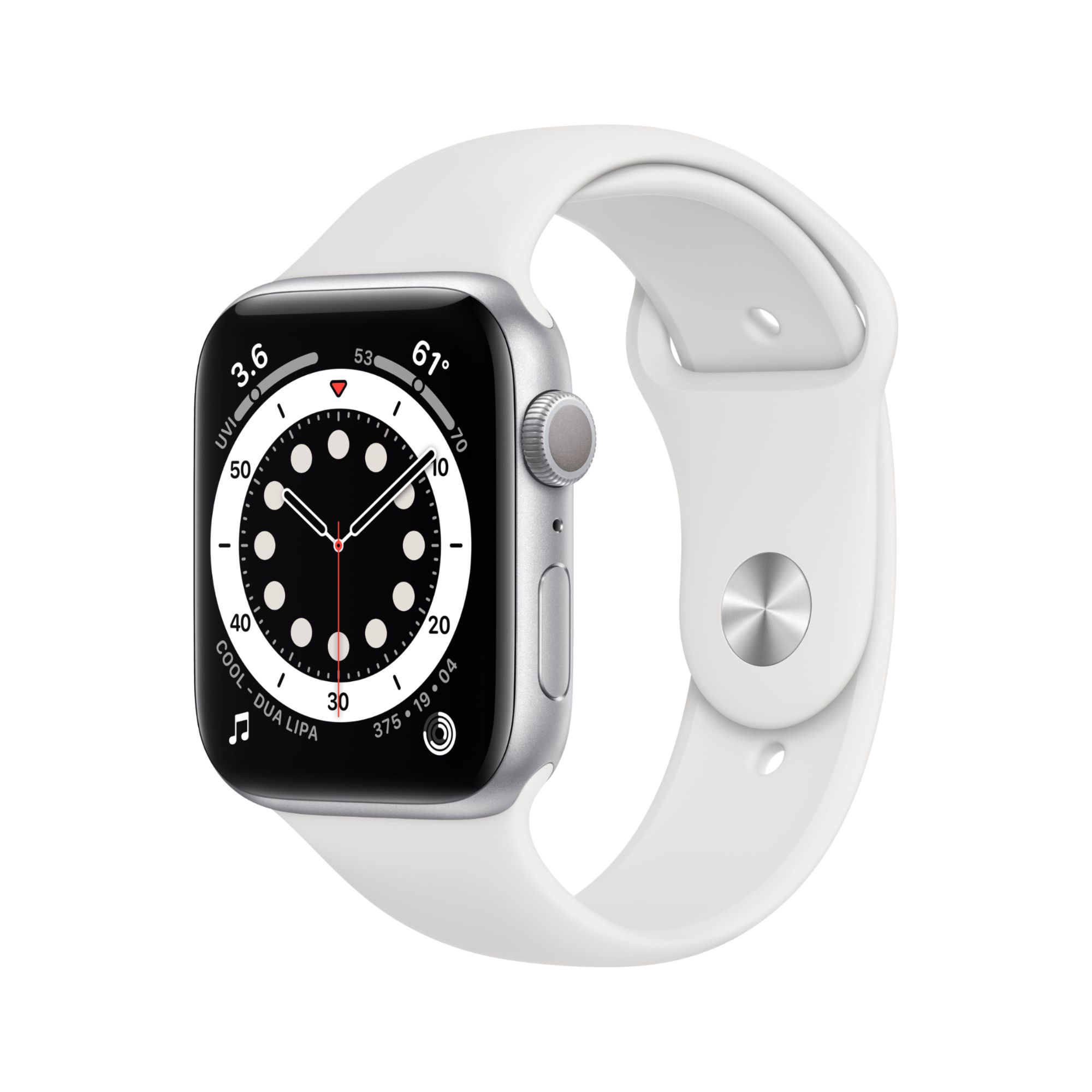 Apple Watch Series 6 (GPS) - 44mm - Silver Aluminium - Sport Band - Fluoroelastomer - White - Bracelet S/M/L - 32GB - Wi-Fi, Bluetooth