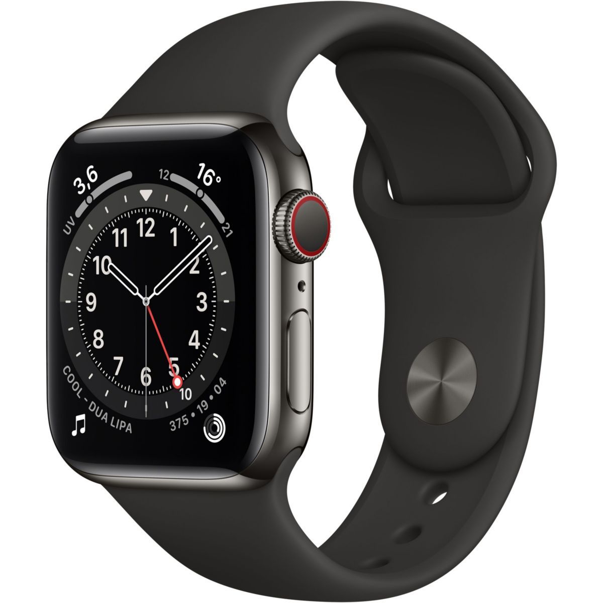 Apple Watch Serie 6 (GPS + Celular) - Caja de acero gris de 40 mm con pulsera deportiva negra