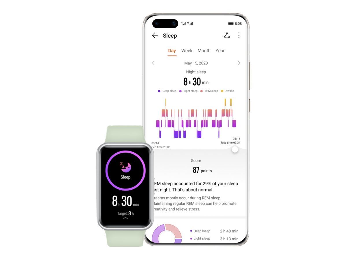 Huawei Watch Fit - Argent - Montre connectée avec bracelet - Silicone - Vert menthe - Taille de poignet : 130-210 mm - Affichage 1,64" - 4 Go - Bluetooth - 21 g