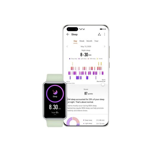 Huawei Watch Fit - Argent - Montre connectée avec bracelet - Silicone - Vert menthe - Taille de poignet : 130-210 mm - Affichage 1,64" - 4 Go - Bluetooth - 21 g