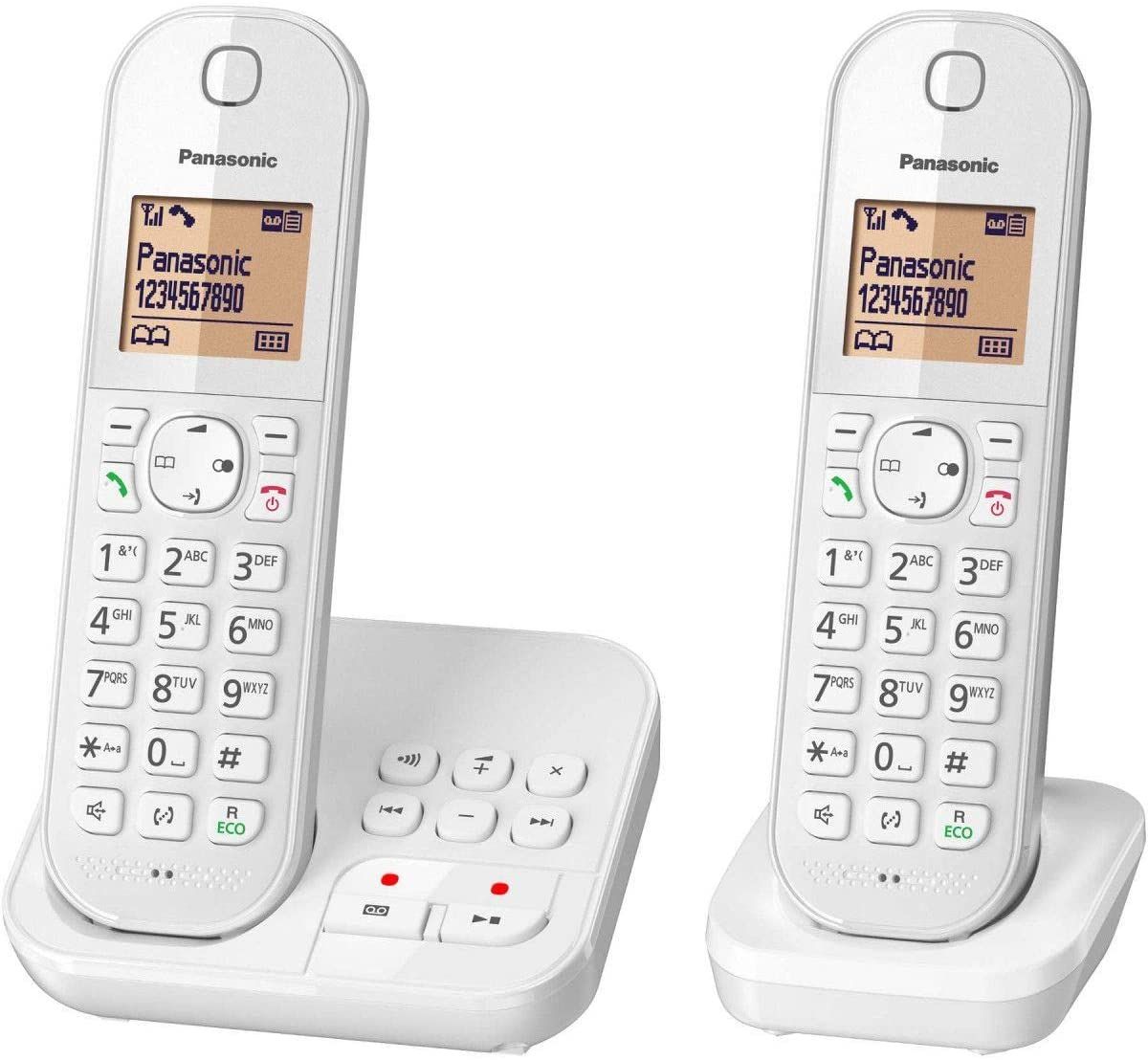 Teléfono inalámbrico DECT dúo de Panasonic con contestador automático (Blanco)