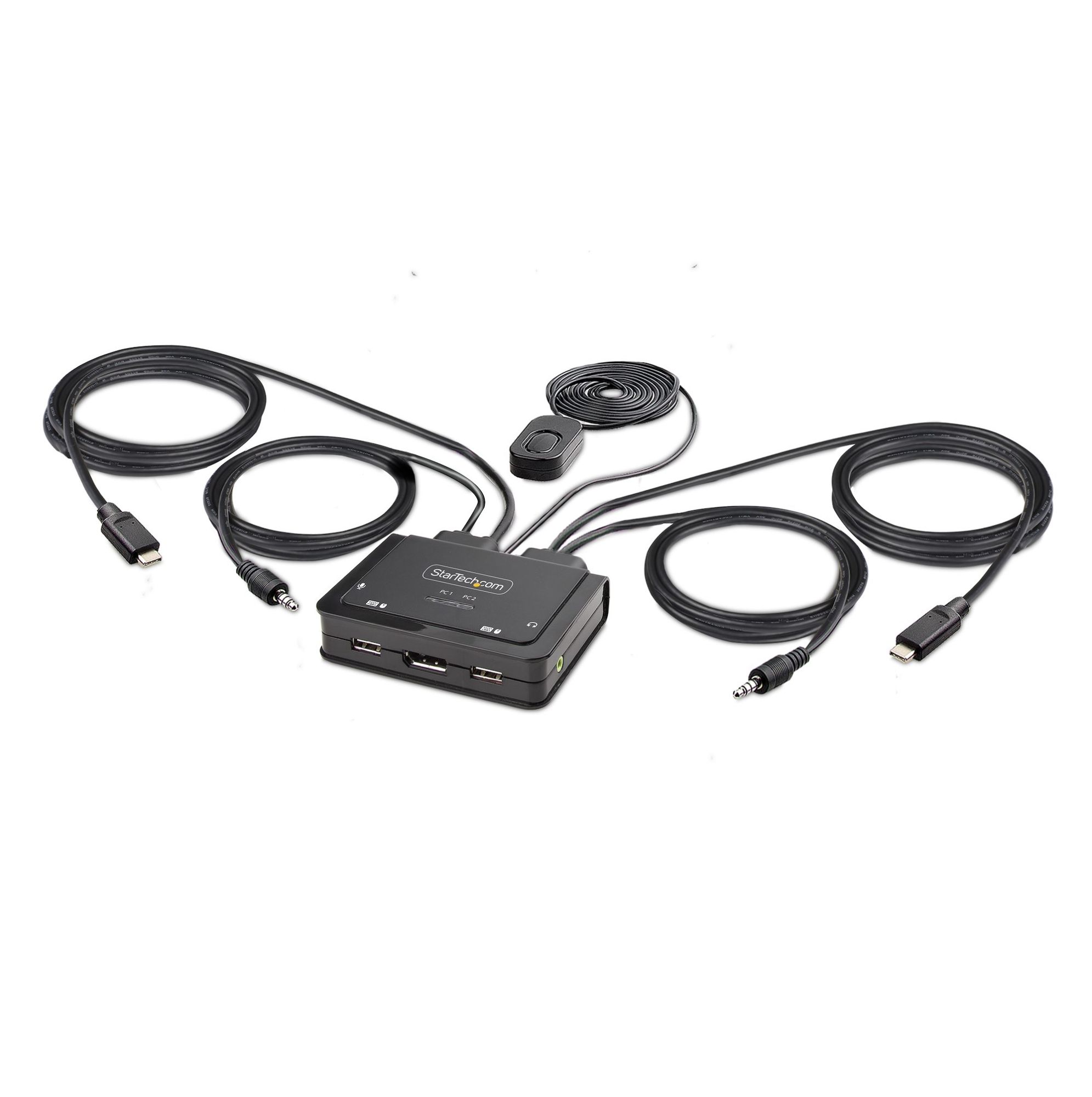 Conmutador KVM híbrido de cable StarTech.com de 2 puertos, USB-C DisplayPort 4K60Hz - Conmutador de teclado/ratón/monitor/audio - Compacto - 2 x KVM/audio - 1 usuario local - Escritorio