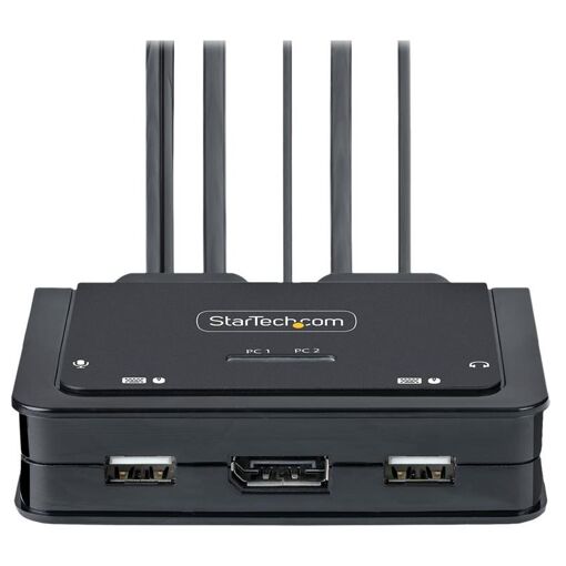 Conmutador KVM híbrido de cable StarTech.com de 2 puertos, USB-C DisplayPort 4K60Hz - Conmutador de teclado/ratón/monitor/audio - Compacto - 2 x KVM/audio - 1 usuario local - Escritorio