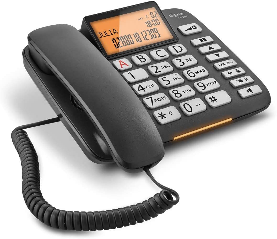 Teléfono fijo con hilo de Gigaset, función manos libres, botones grandes y pantalla brillante, negro