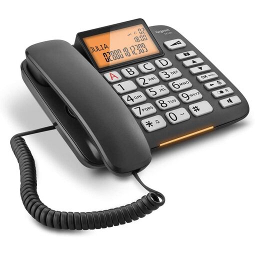 Téléphone fixe filaire Gigaset avec fonction mains libres, touches larges et écran lumineux, noir
