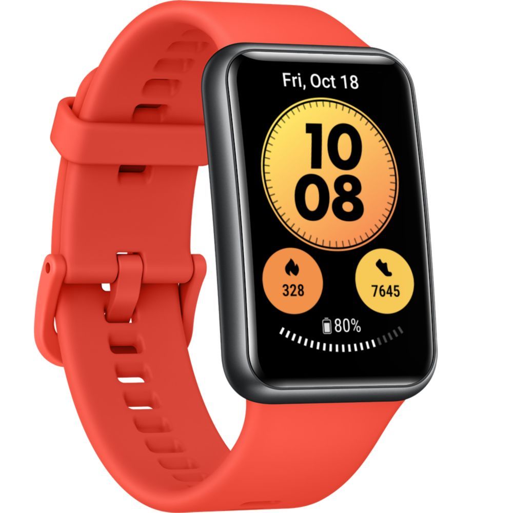 Huawei Watch Fit - Noir - Bracelet en silicone - Rouge pomelo - Taille de poignet 130-210 mm - Écran 1,64'' - 4 Go - Bluetooth - 21 g