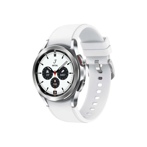 Samsung Galaxy Watch4 Classique - 42 mm - Bracelet de sport en fluoroélastomère - Affichage 1,2'' - 16 Go - NFC, Wi-Fi, Bluetooth - 4G - 46,5 g - Argent
