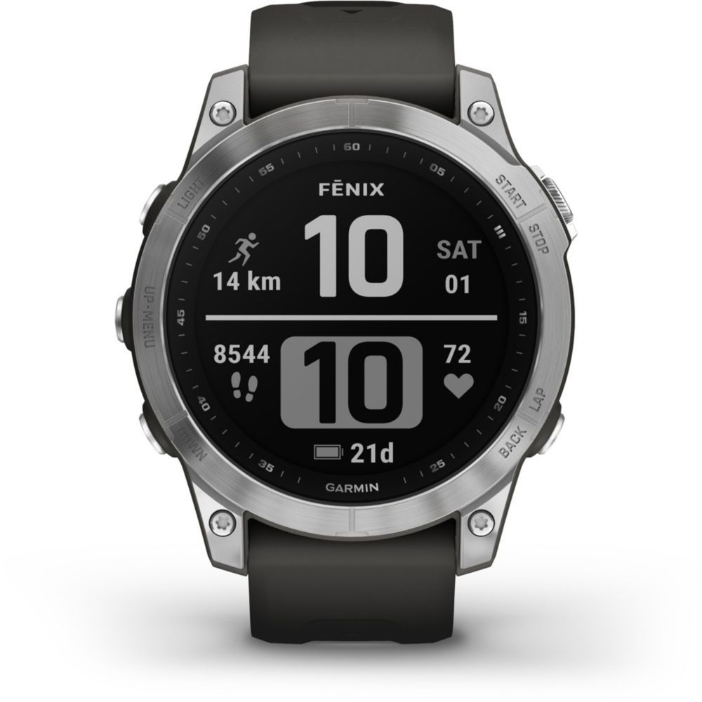 Garmin Fenix 7 - 47mm - Silver - Sports Watch with Silicone Strap - Graphite - Wrist Size: 125-208mm - 1.3" Display - 16GB - Bluetooth, Wi-Fi, ANT+