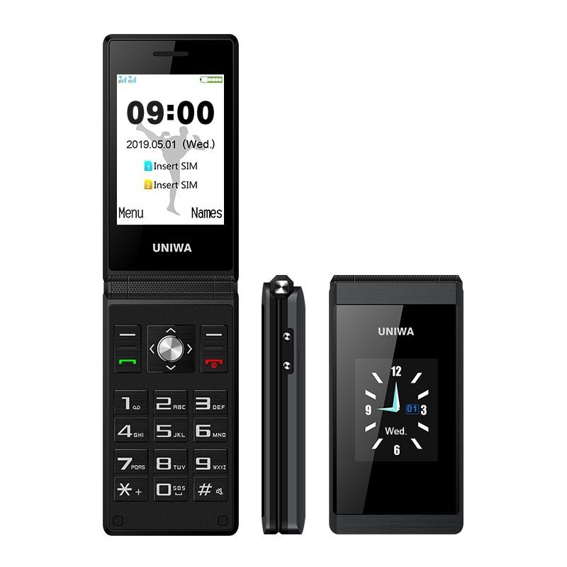 UNIWA X28 2G Flip Phone, 1200mAh Battery, Bluetooth, Dual SIM, Black