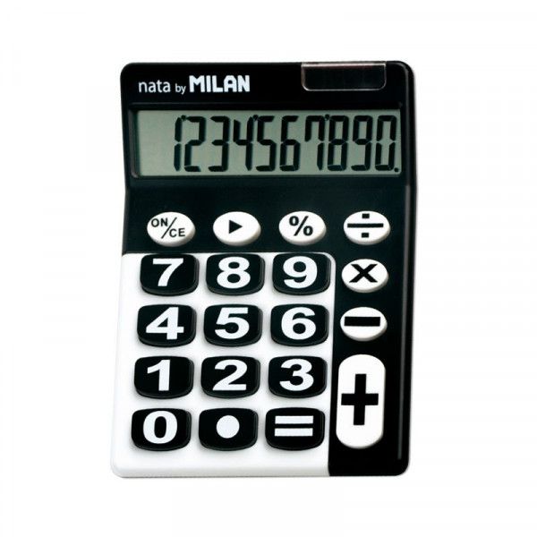 Milan Desk Calculator - 10 Digits - Large Keys - Battery & Solar - Black and White