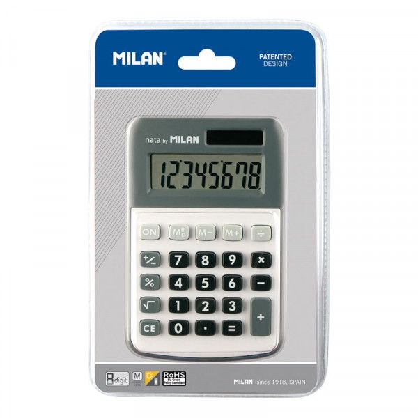 Milan 8-Digit Desk Calculator - White and Gray - Memory, Square Root, Auto Shutoff, Solar/Battery Power