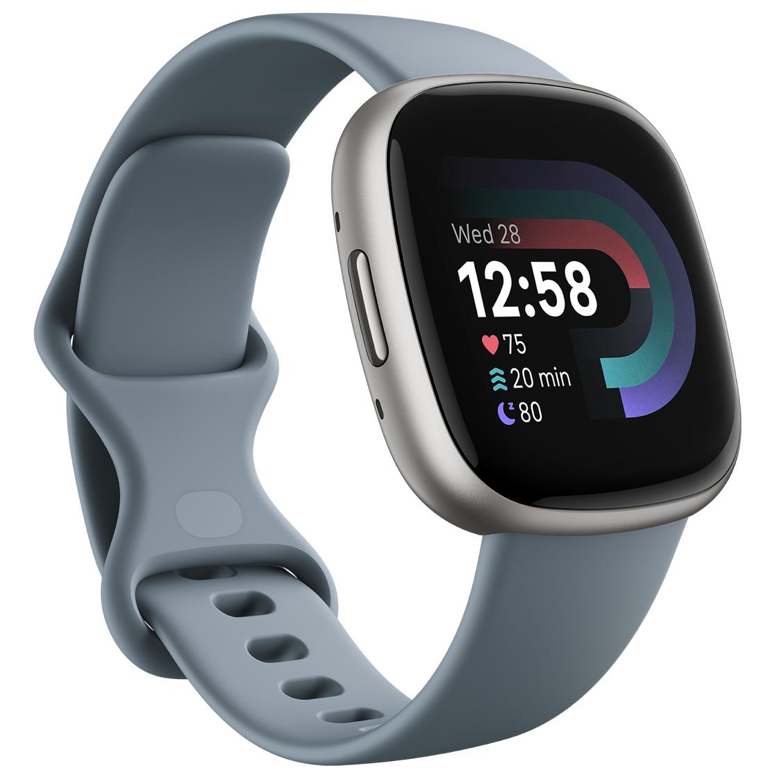 Fitbit Versa 4 - 40mm - Platinum - Smartwatch with Strap - Cascade Blue - S/L Band Size - Bluetooth, NFC