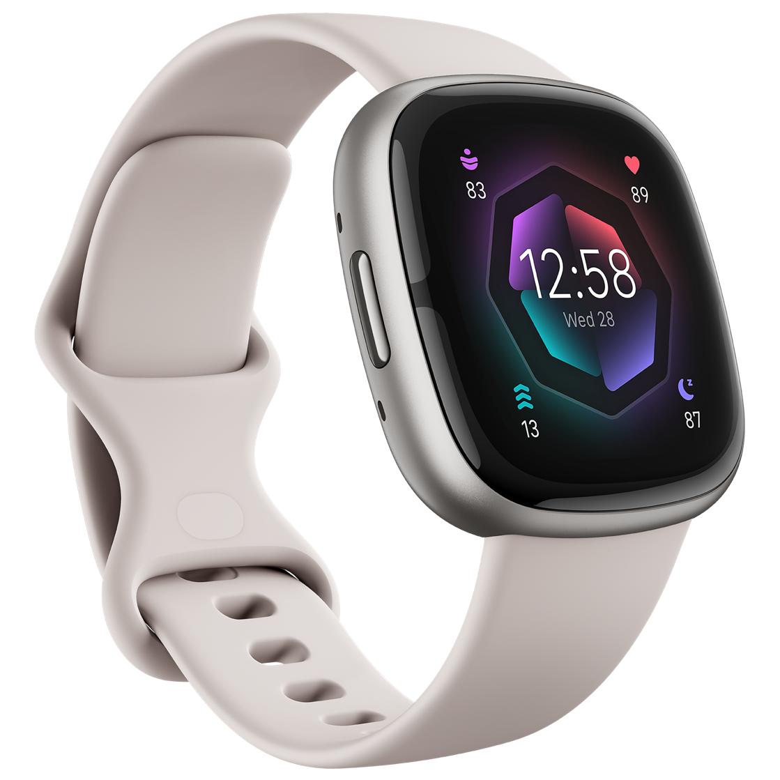 Fitbit Sense 2 - Aluminum Platinum - Smartwatch with Strap - Lunar White - S Bracelet Size - NFC, Bluetooth