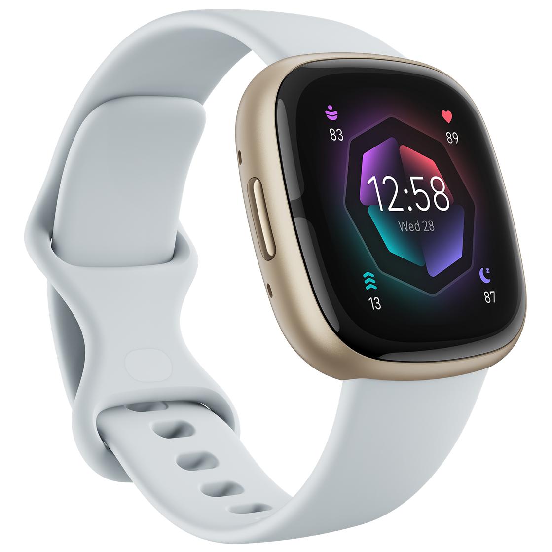Fitbit Sense 2 - Gold Aluminum - Smartwatch with Strap - Blue Mist - S Bracelet Size - NFC, Bluetooth