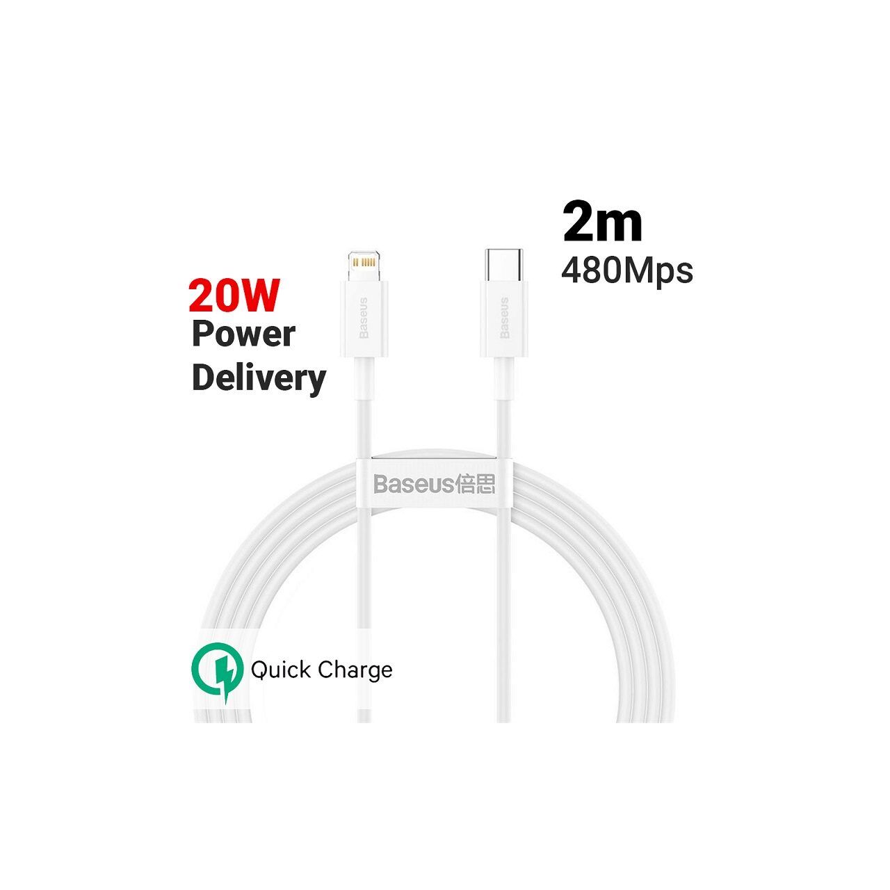 Cable Baseus Serie Superior Lightning a Type-C PD - Blanco (20W, 2m)