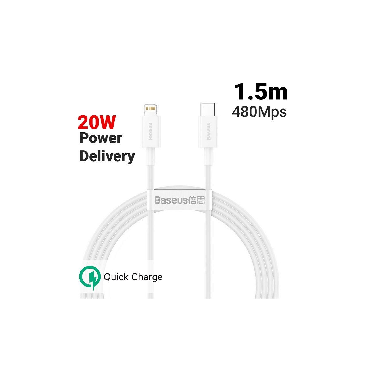Cable Baseus Serie Superior Lightning a Type-C PD - Blanco (20W, 1,5m)