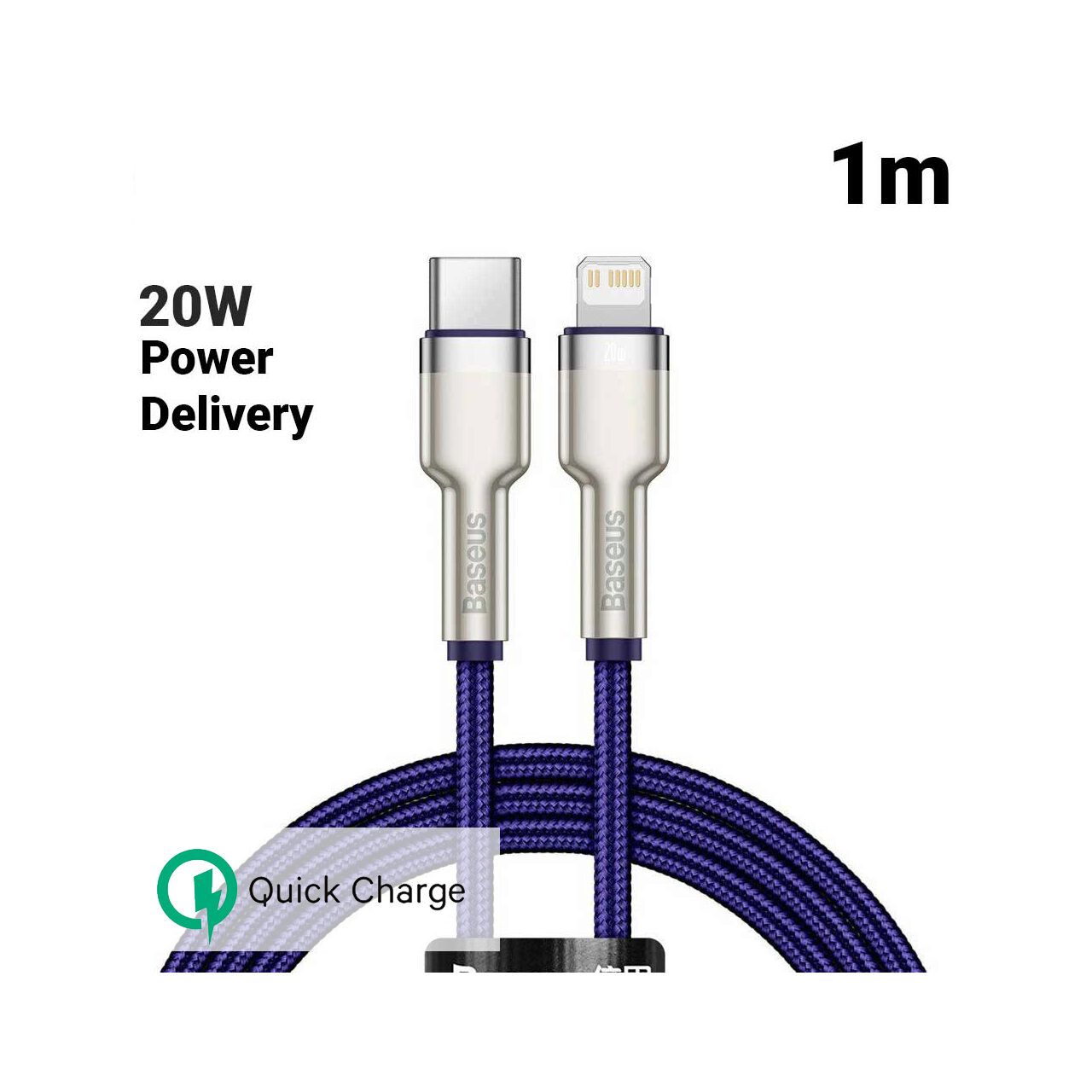 Cable Baseus Cafule Serie Metal Tipo-C a Lightning, 20W, 1M, Púrpura (Trenza de Nylon)
