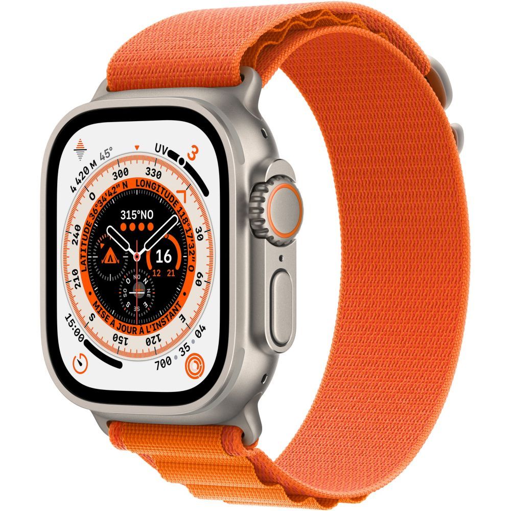 Apple Watch Ultra, 49mm Titanium Case with Nylon Orange Strap (Size M)