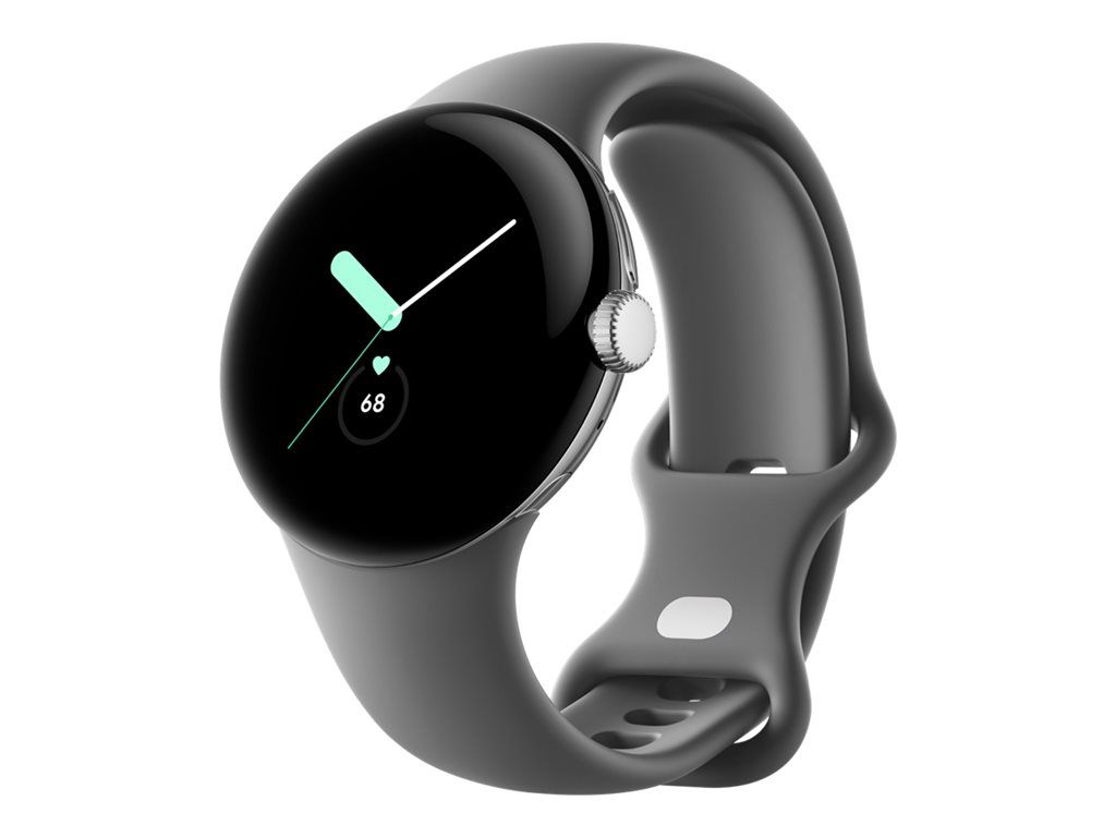Google Pixel Watch - Silver - Smartwatch with Strap - Fluoroelastomer - Charcoal - Bracelet Size L - 32GB - Wi-Fi, NFC, Bluetooth
