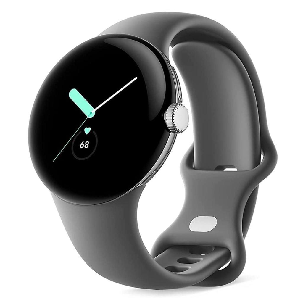 Google Pixel Watch - 41mm - Polished Silver - Active Strap - Fluoroelastomer - Charcoal - Bracelet Size L - 32GB - Wi-Fi, LTE, NFC, Bluetooth - 4G - 36g