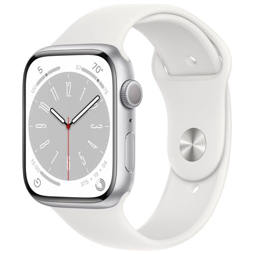 Apple Watch Series 8 (GPS) - 45 mm - Aluminio plateado - Banda deportiva - Fluoroelastómero - Blanco - Tamaño de banda normal - 32 GB - Wi-Fi, Bluetooth