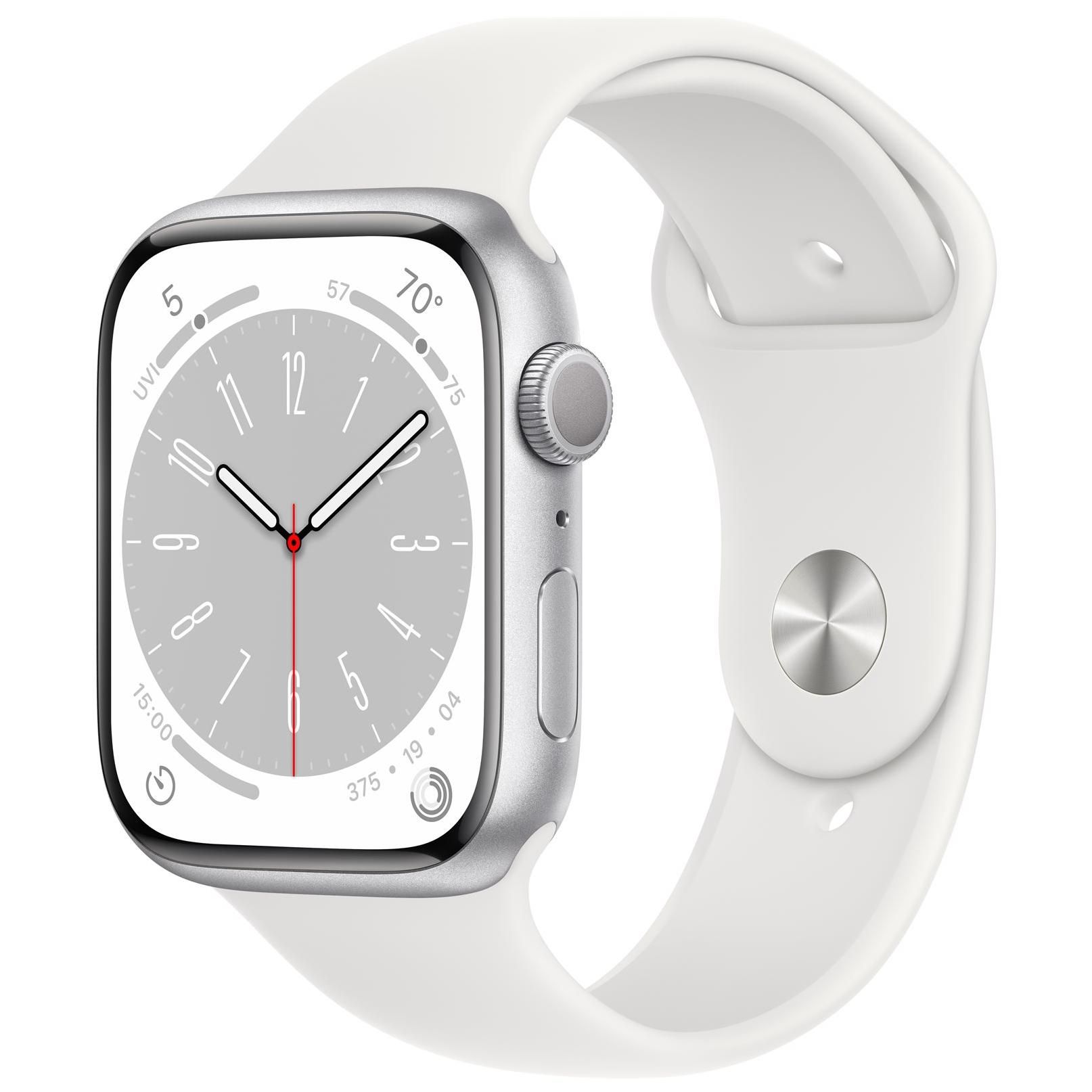 Apple Watch Series 8 (GPS) - 45mm - Silver Aluminium - Sport Band - Fluoroelastomer - White - Normal Strap Size - 32GB - Wi-Fi, Bluetooth