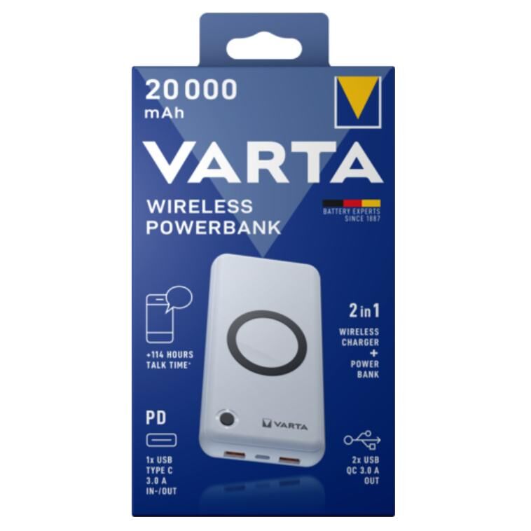 Varta 20,000mAh Lithium Polymer (Lipo) Power Bank with Quick Charge 3.0 and Wireless Charging - White