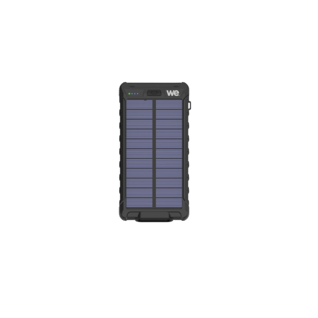 Batería de emergencia WE 10000 mAh - A prueba de choques - 2 puertos USB - 10W - Paneles solares y linterna integrados - IPX4 - Negra