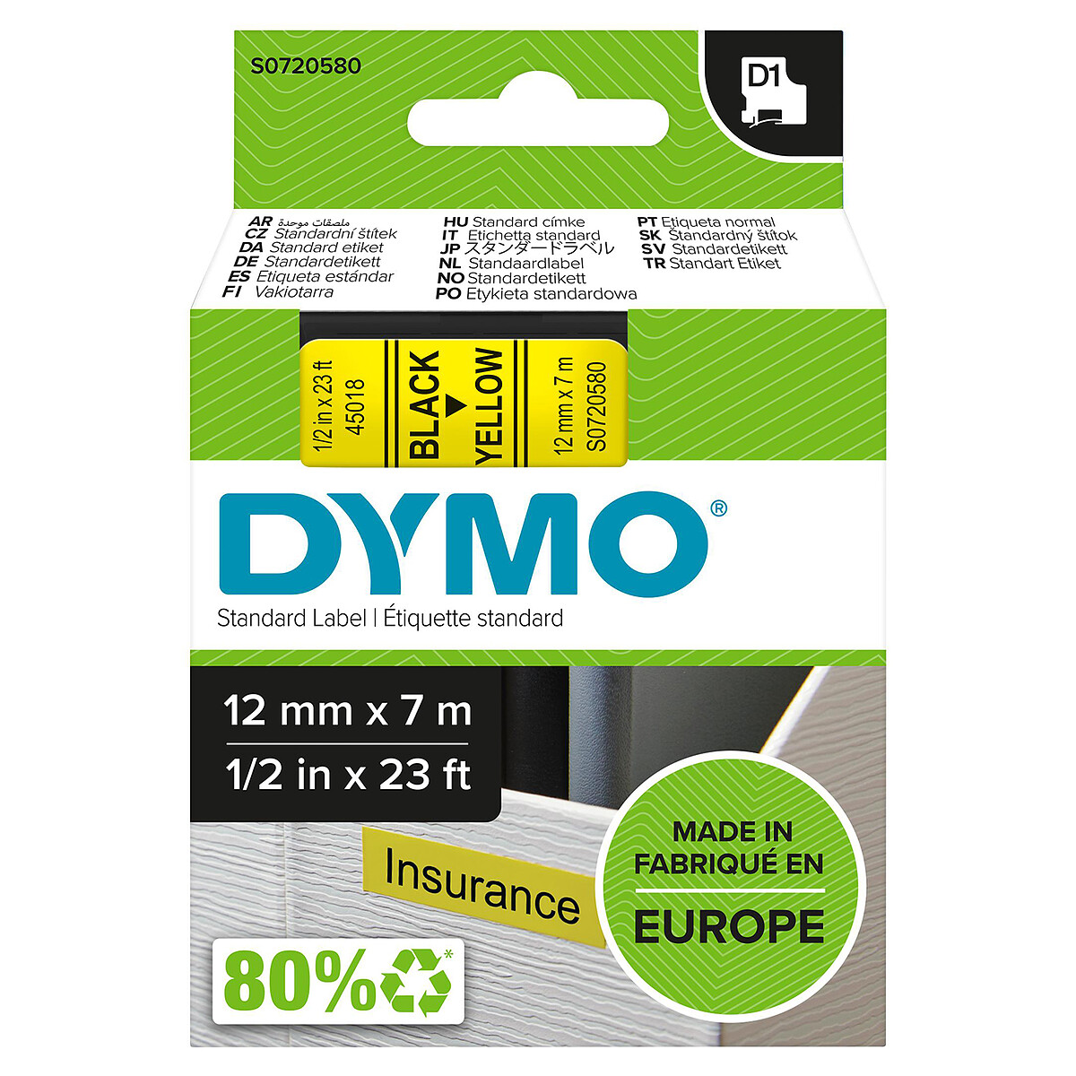 DYMO Ruban D1 Standard noir sur jaune 12 mm x 7 m