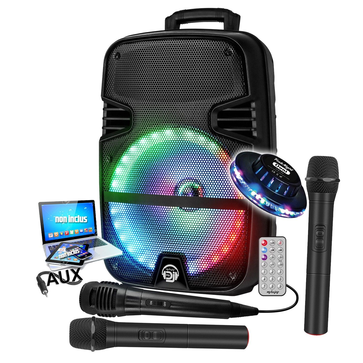 MYDJ MDJ-12 Ring LED Speaker - 600W, 12" Bluetooth/USB DJ Sound System with Karaoke Microphones