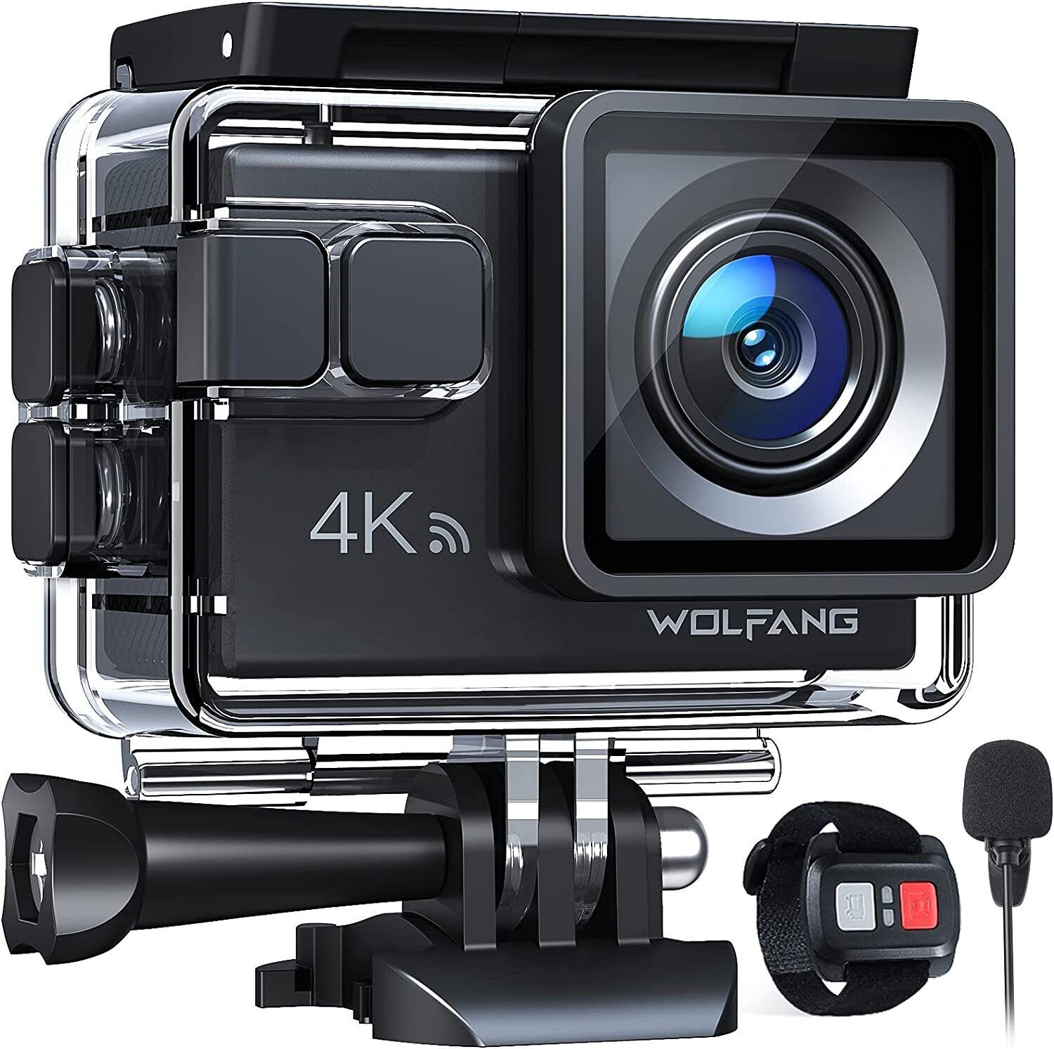WOLFANG GA100 4K Sports Camera, 20MP WiFi Camcorder, 40m Underwater Camera with Dual Microphones, Remote Control, EIS Anti-Vibration