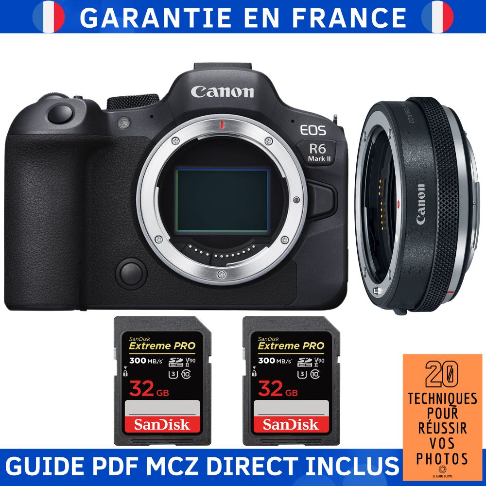 Canon EOS R6 Mark II Body + Canon EF-EOS R Mount Converter + 2x SanDisk 32GB Extreme PRO UHS-II SDXC Memory Cards + '20 Techniques for Mastering Your Photography Guide