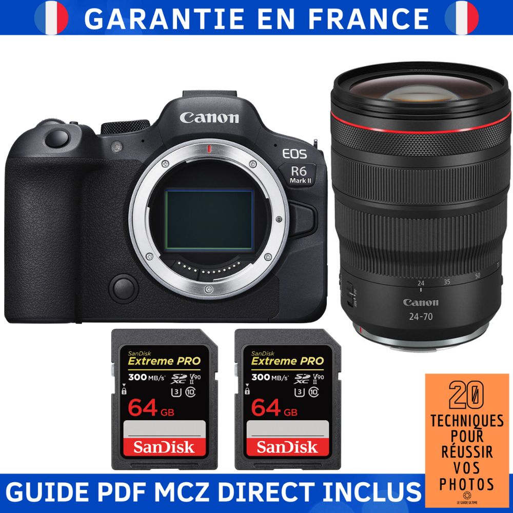 Canon EOS R6 Mark II + RF 24-70mm f/2.8 L IS USM + 2 SanDisk 64GB Extreme PRO UHS-II SDXC 300MB/s + Guide PDF MCZ