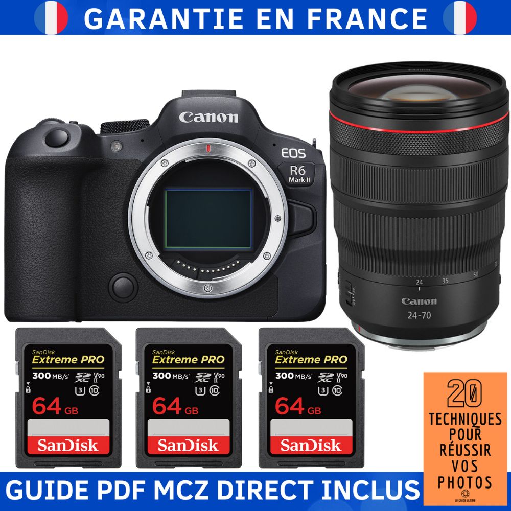 Canon EOS R6 Mark II + RF 24-70mm f/2.8 L IS USM Lens + 3 SanDisk 64GB Extreme PRO UHS-II SDXC Cards