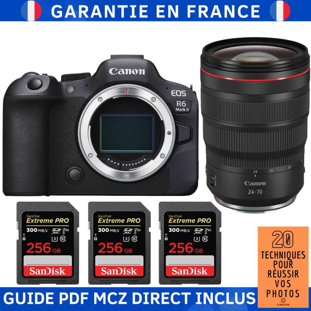 Canon EOS R6 Mark II + RF 24-70mm f/2.8 L IS USM + 3 SanDisk 256GB Extreme PRO UHS-II SDXC 300MB/s Memory Cards + Canon Photography Guide