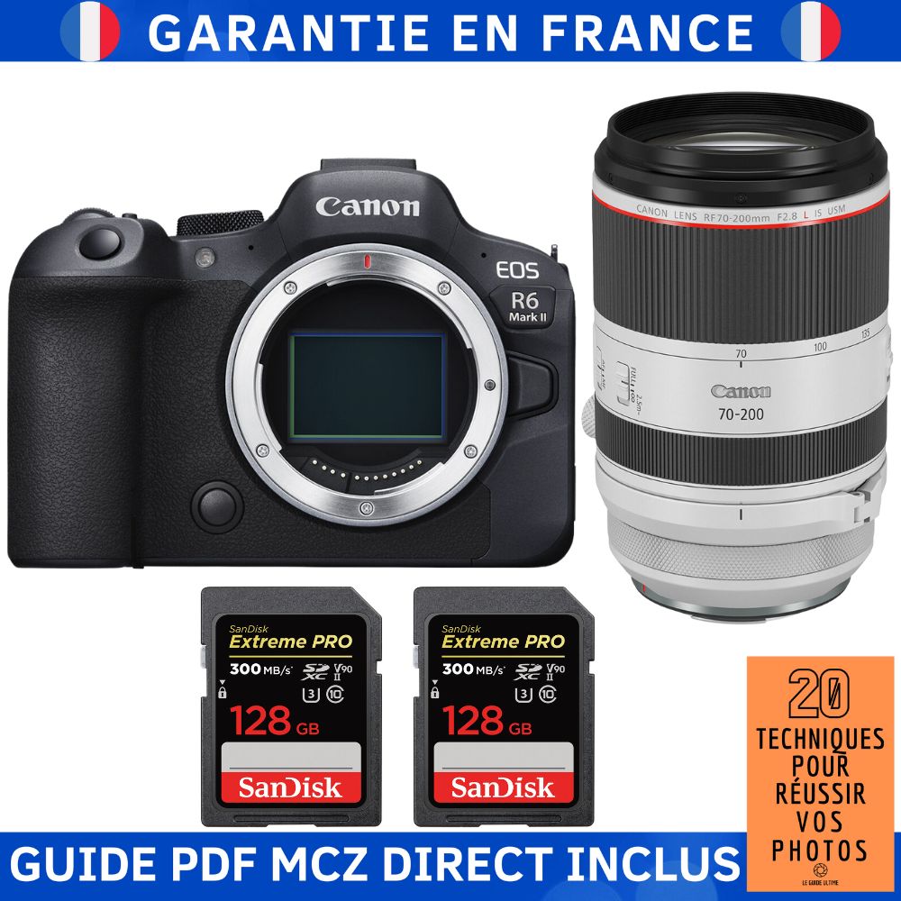 Canon EOS R6 Mark II Camera Kit with RF 70-200mm f/2.8L IS USM Lens + 2x SanDisk 128GB Extreme PRO UHS-II SDXC Cards