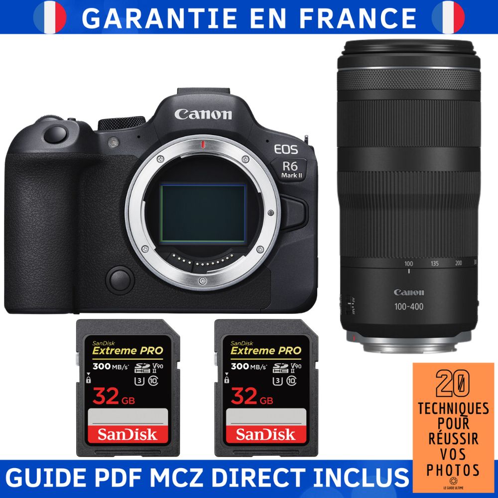 Canon EOS R6 Mark II + RF 100-400mm f/5.6-8 IS USM + 2 SanDisk 32GB Extreme PRO UHS-II SDXC 300MB/s + Guide PDF MCZ DIRECT '20 Techniques pour réussir vos photos