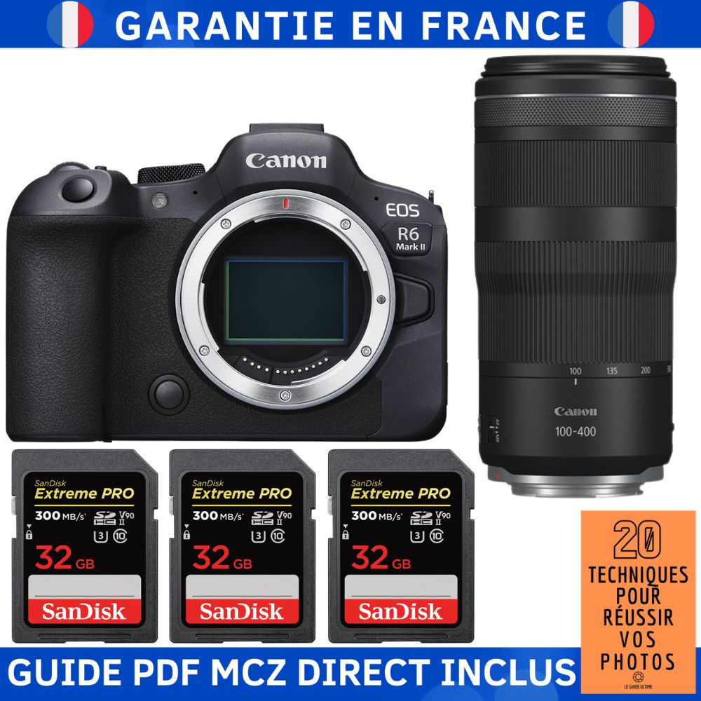 Canon EOS R6 Mark II + RF 100-400mm f/5.6-8 IS USM Lens + 3 SanDisk 32GB Extreme PRO UHS-II SDXC Cards
